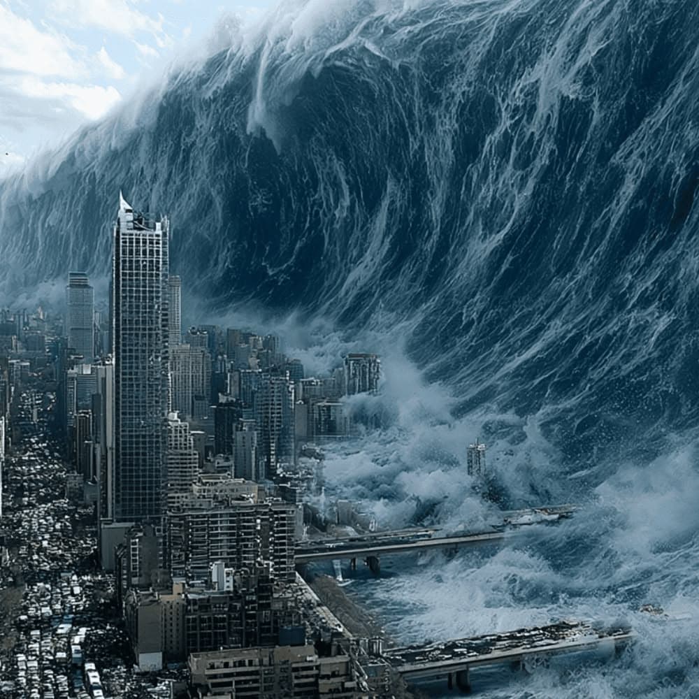 Floodwaters approaching a city skyline